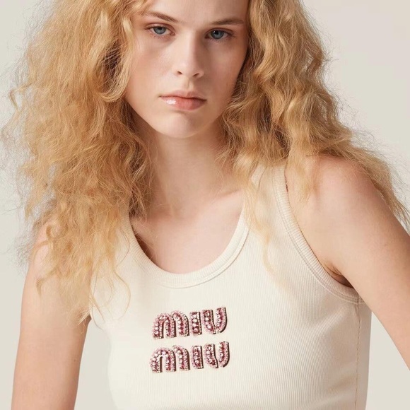 Miu Miu Cream Tank Top with Pink Logo - Picture 1 of 3